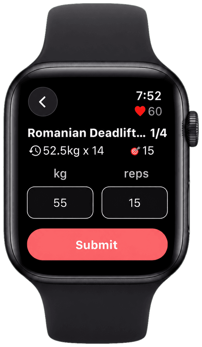 Olympian Apple Watch screen for logging weight and reps during a workout